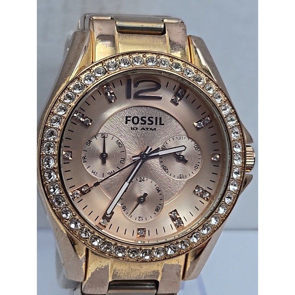 Fossil Riley ES2811 Women Rose Gold Crystal Multifunction Watch New Battery Sz-S - Picture 4 of 11